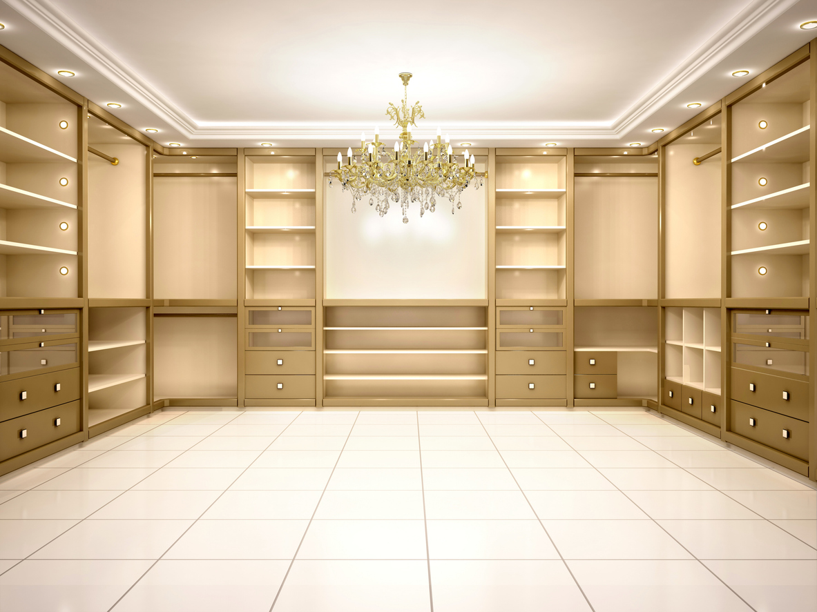 3d illustration of Big empty walk in wardrobe in luxurious house with lighting